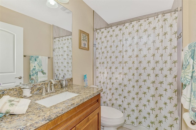 bathroom with vanity, toilet, and a shower with shower curtain