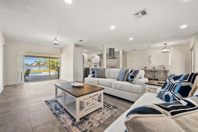 living room featuring light tile patterned floors