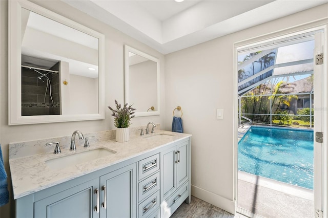 bathroom featuring vanity and hardwood / wood-style floors