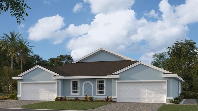 single story home featuring a garage and a front lawn