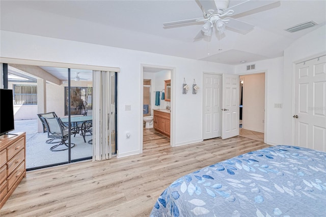 bedroom featuring ensuite bath, access to outside, light hardwood / wood-style floors, and ceiling fan