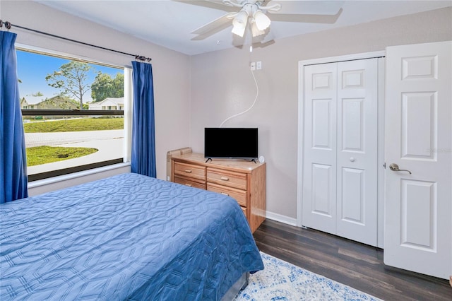 bedroom with ceiling fan, dark hardwood / wood-style flooring, and a closet