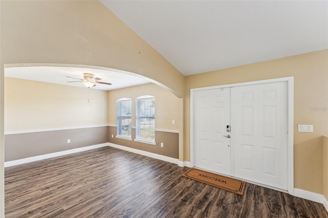 foyer with lofted ceiling, hardwood / wood-style flooring, and ceiling fan