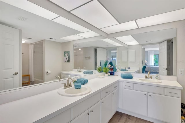 bathroom with hardwood / wood-style floors and vanity