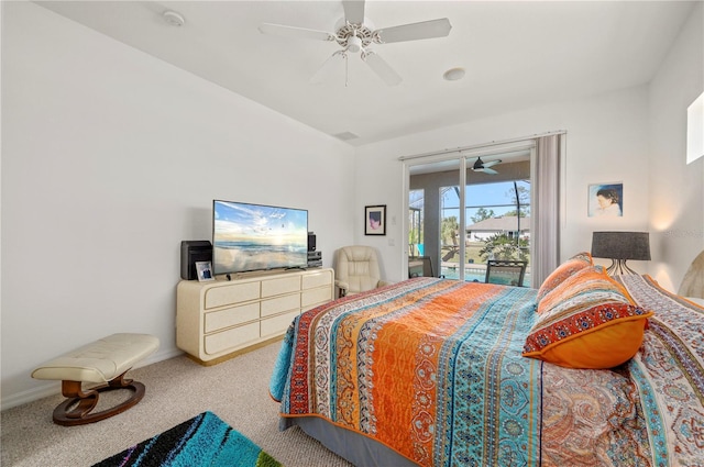 carpeted bedroom with ceiling fan and access to outside