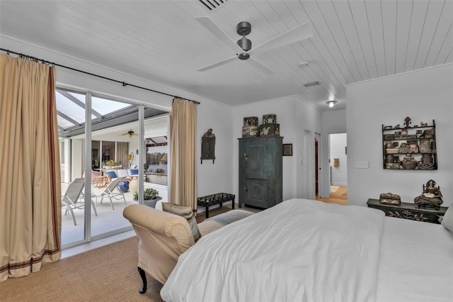 bedroom featuring light carpet, wood ceiling, access to outside, and ceiling fan