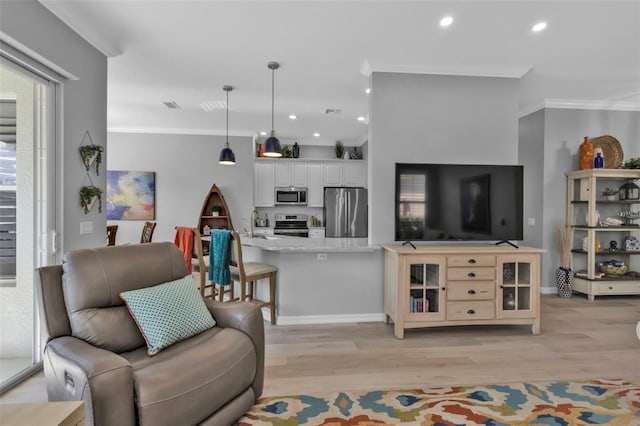 living room featuring sink, crown molding, and light hardwood / wood-style flooring