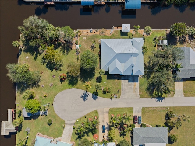 aerial view featuring a water view