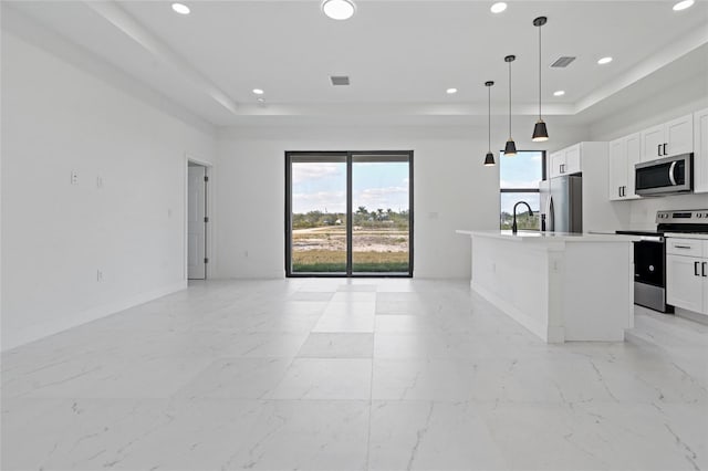 kitchen with a tray ceiling, stainless steel appliances, an island with sink, and white cabinets