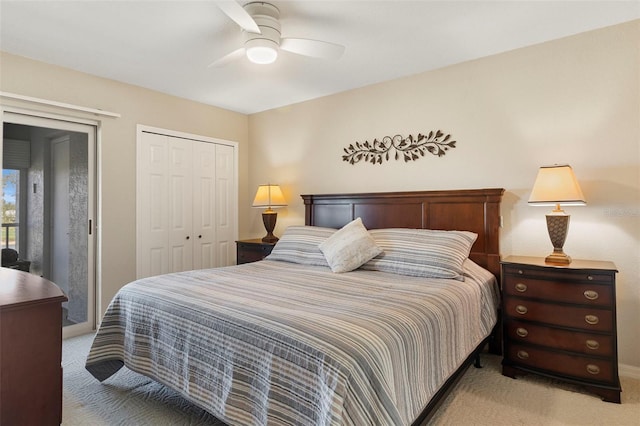 bedroom with light colored carpet and ceiling fan