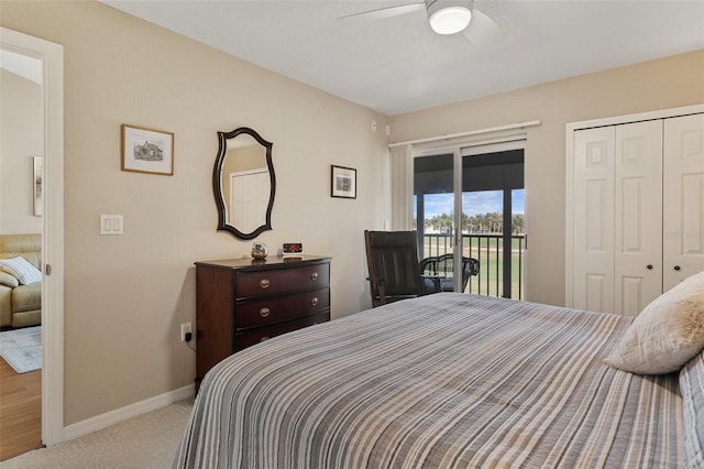 carpeted bedroom with ceiling fan, a closet, and access to outside