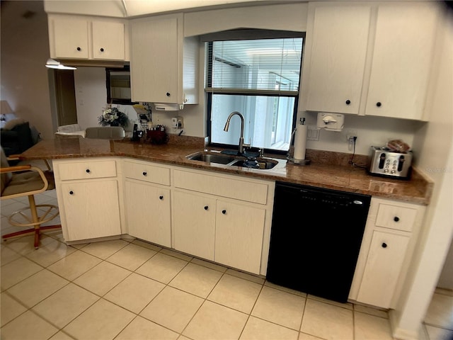 kitchen featuring white cabinetry, dishwasher, sink, and kitchen peninsula