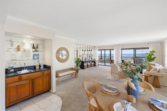 carpeted dining room featuring crown molding and indoor wet bar