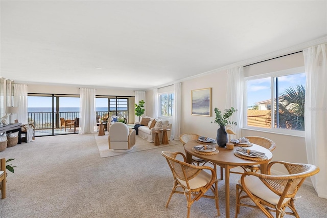 dining room with light carpet and a water view