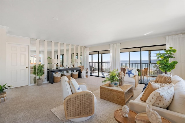 living room featuring a water view, crown molding, and light colored carpet