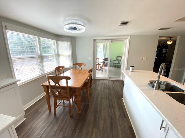 dining room with sink and dark wood-type flooring