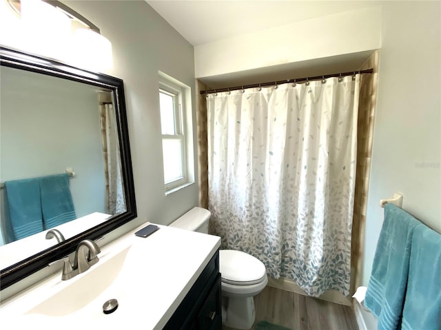 bathroom featuring vanity, hardwood / wood-style floors, and toilet