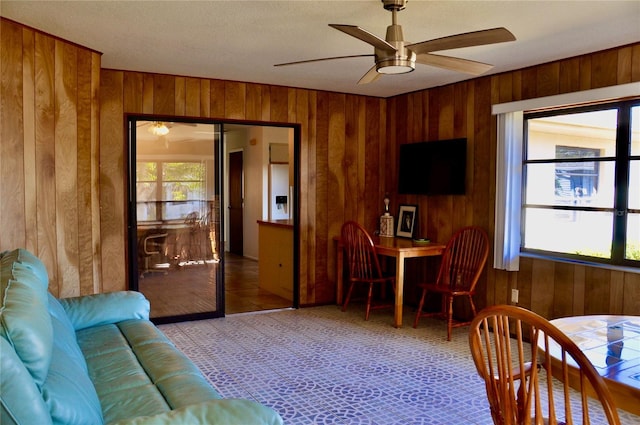 interior space featuring wood walls and a ceiling fan