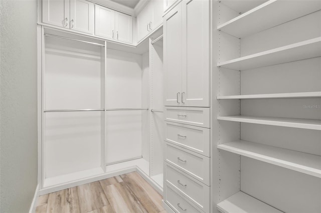 walk in closet with light hardwood / wood-style floors