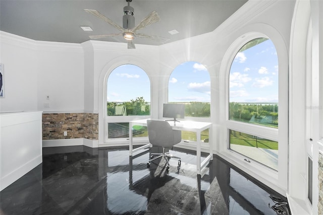 office area with ceiling fan, a water view, and crown molding