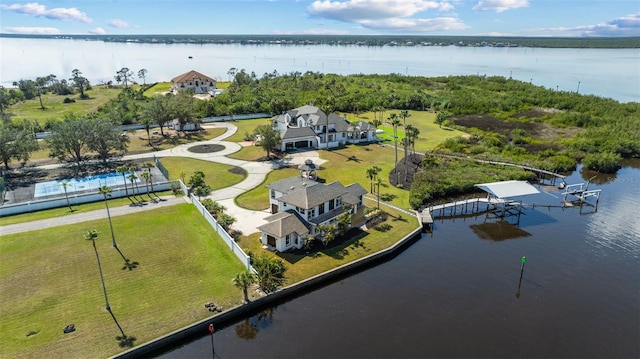 drone / aerial view with a water view