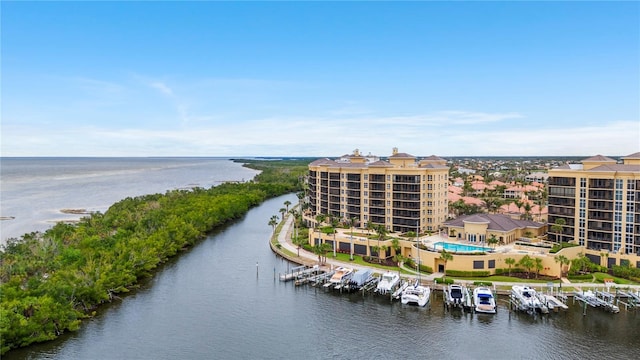 drone / aerial view featuring a water view