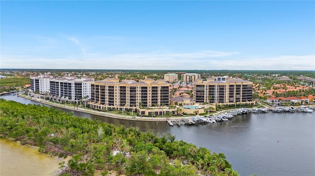 bird's eye view with a water view and a view of city