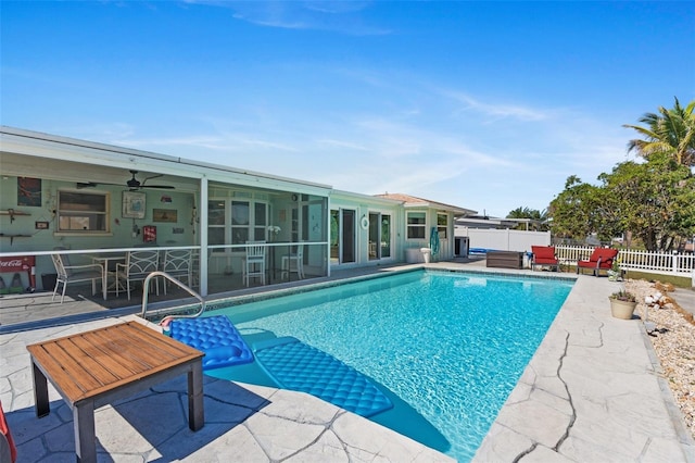 view of pool featuring a fenced backyard, a fenced in pool, and a patio