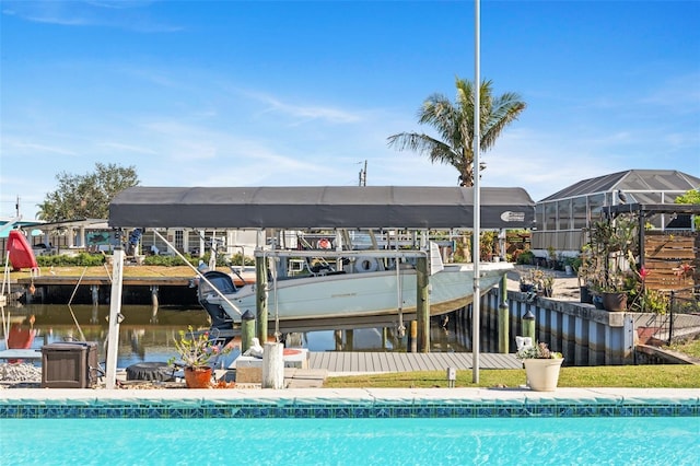 exterior space with a boat dock, a water view, and boat lift