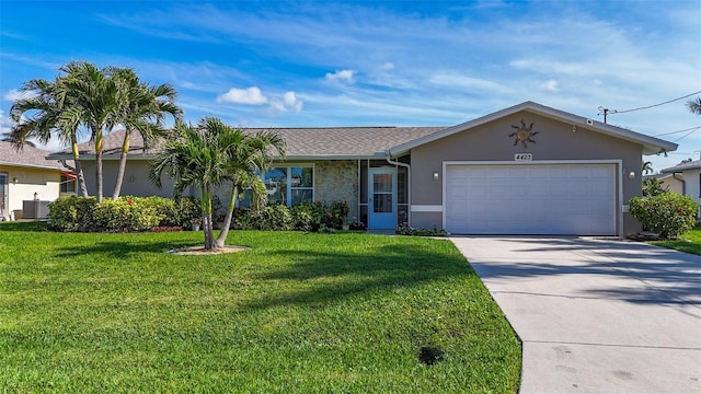 ranch-style home with a garage and a front yard