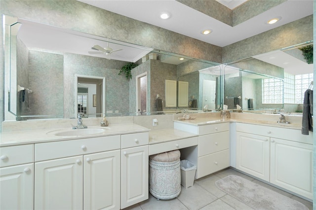 bathroom with vanity, tile patterned floors, and ceiling fan