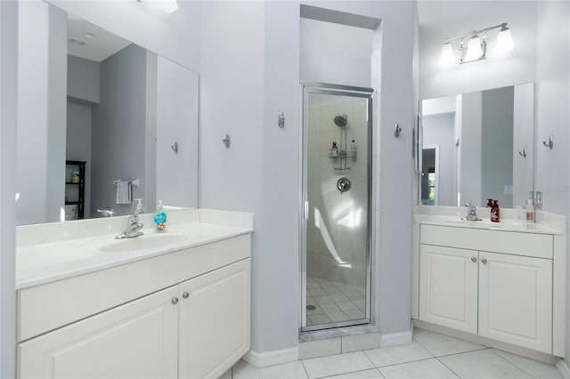 bathroom featuring tile patterned flooring, vanity, and walk in shower