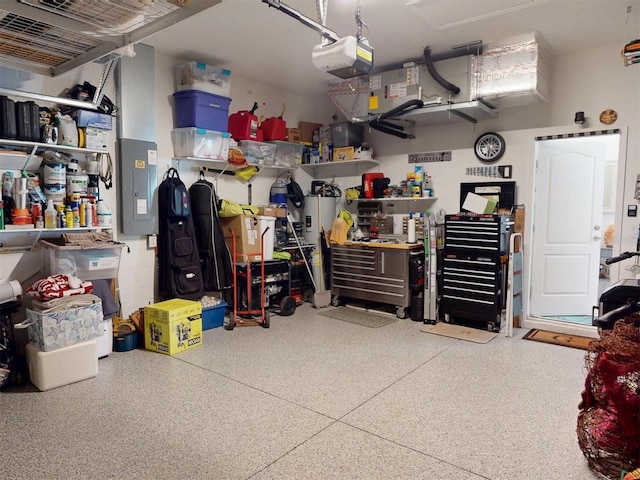 24313 Westgate Blvd, Punta Gorda, FL 33980 - garage featuring electric panel, a garage door opener, and a workshop area