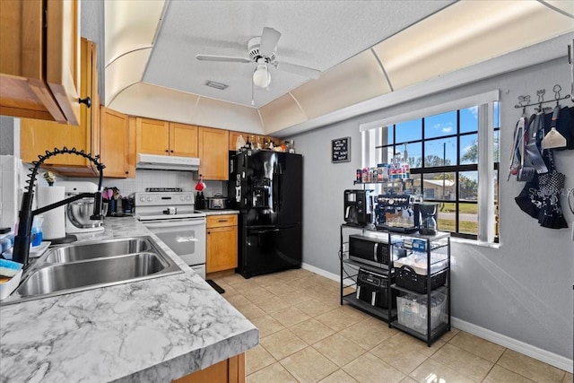 kitchen featuring black fridge with ice dispenser, light tile patterned floors, white electric stove, ceiling fan, and backsplash