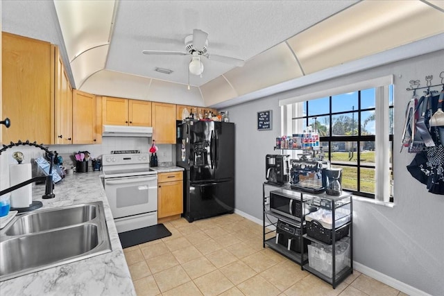 kitchen featuring white range with electric cooktop, sink, black refrigerator with ice dispenser, light tile patterned floors, and ceiling fan