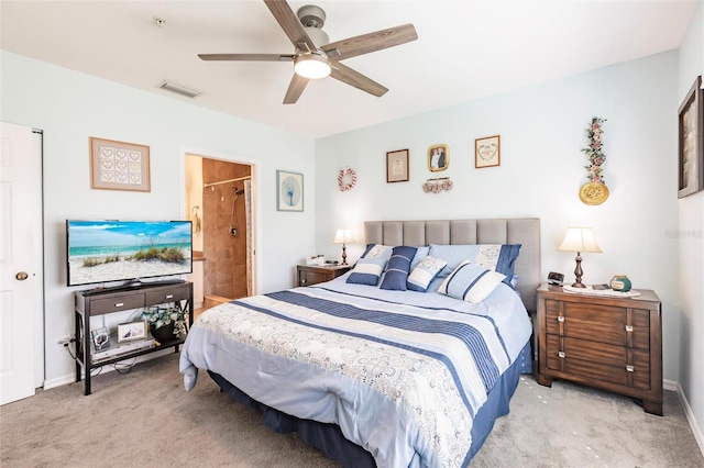 bedroom with a ceiling fan, light carpet, visible vents, and baseboards