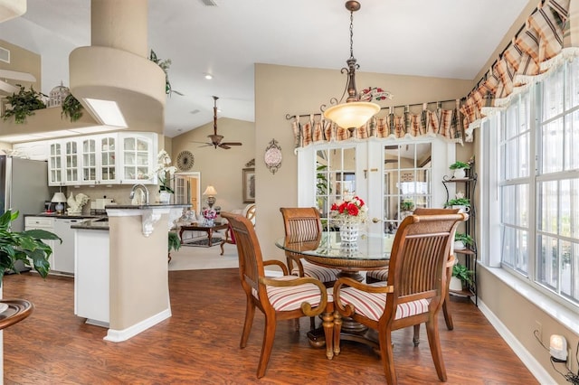 dining room with lofted ceiling, ceiling fan, plenty of natural light, and dark wood finished floors