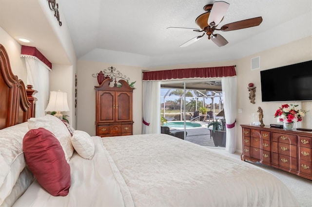 bedroom with ceiling fan, light colored carpet, visible vents, a sunroom, and access to outside