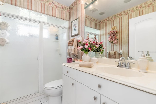 full bath with visible vents, toilet, a stall shower, vanity, and wallpapered walls