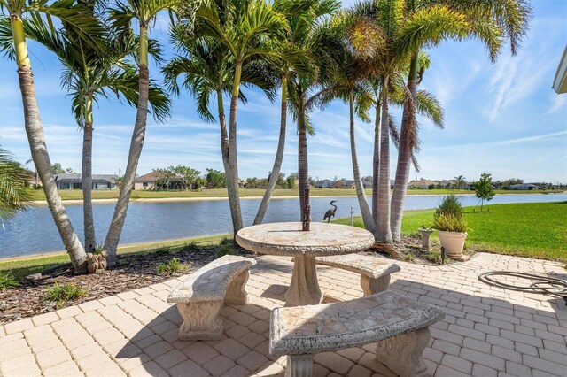 view of patio / terrace featuring a water view