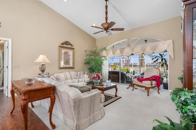 26373 Madagascar, Punta Gorda, FL 33983 - carpeted living room with high vaulted ceiling and ceiling fan