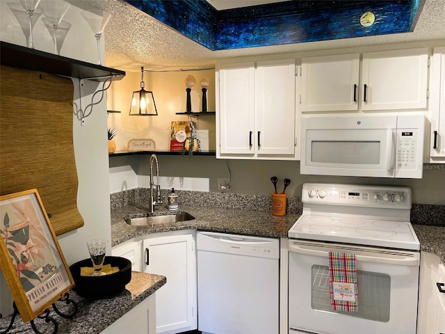 kitchen with open shelves, white cabinetry, a sink, a textured ceiling, and white appliances