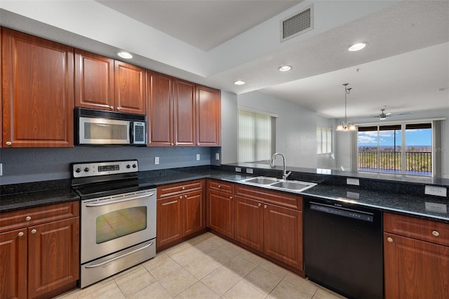 kitchen featuring visible vents, light tile patterned flooring, recessed lighting, a sink, and stainless steel appliances
