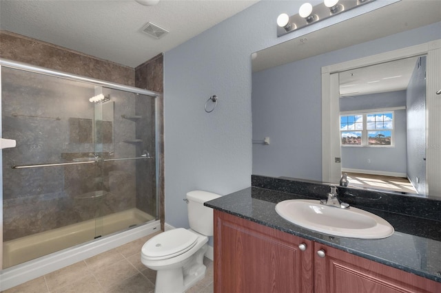 bathroom with vanity, visible vents, tile patterned flooring, a shower stall, and toilet