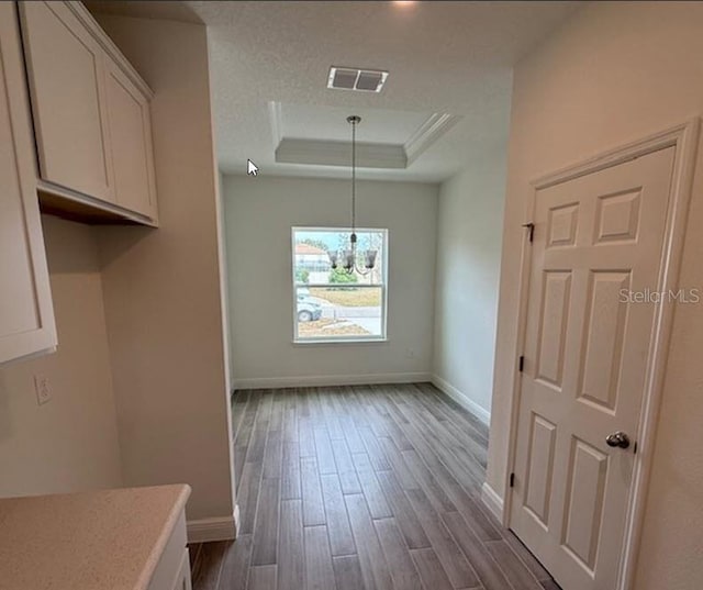 unfurnished dining area with a tray ceiling, wood-type flooring, and a textured ceiling