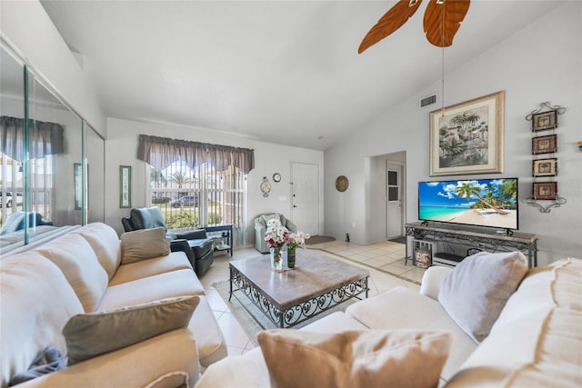 living area featuring light tile patterned floors, plenty of natural light, visible vents, and ceiling fan