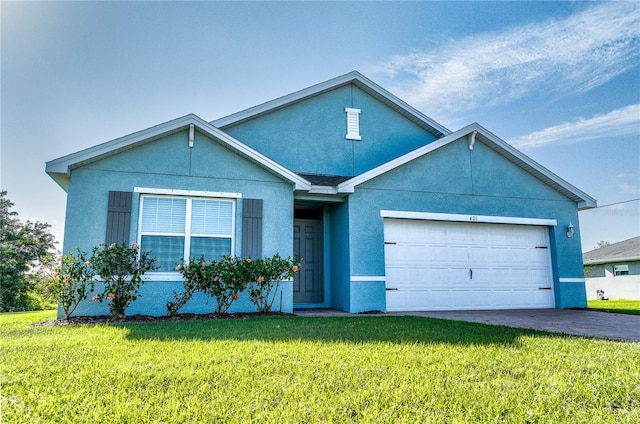 ranch-style home featuring a front yard, a garage, driveway, and stucco siding