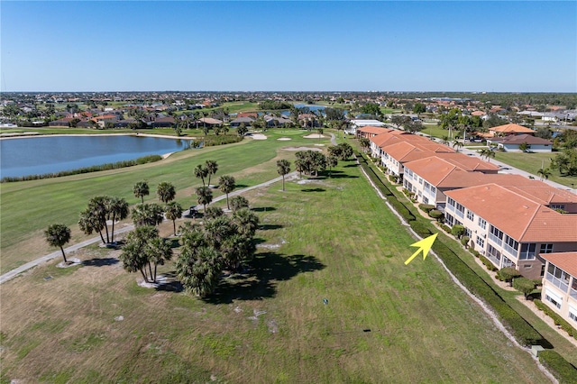 bird's eye view featuring a water view and a residential view