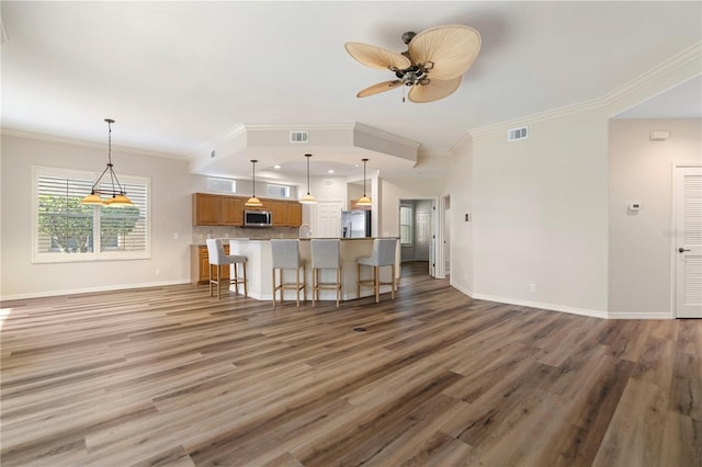 unfurnished living room featuring ceiling fan, baseboards, and dark wood-style floors