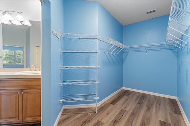 spacious closet with a sink, visible vents, and wood finished floors